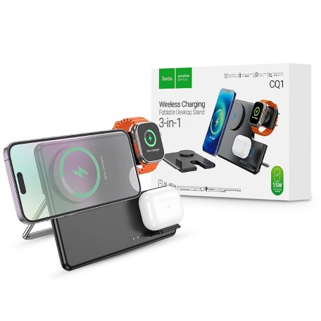 HOCO Qi univerzális vezeték nélküli töltő állomás Apple Watch órához - HOCO CQ1 3in1 Wireless Charger Phone + Apple Watch + Headset - fekete