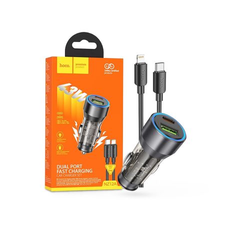 HOCO szivargyújtó töltő adapter USB-A + Type-C bemenettel + Type-C - Lightning  kábel - 43W - HOCO NZ12A Dual Port Fast Charging Set - fekete