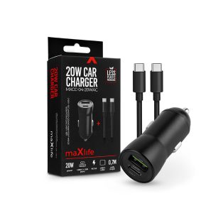   Maxlife szivargyújtós töltő adapter USB + Type-C bemenettel + Type-C - Type-C   kábel - 20W - Maxlife MXCC-04-20WAC PD3.0 + QC3.0 Car Charger - fekete