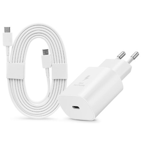 Samsung gyári hálózati töltő adapter Type-C bemenettel + 1,8 m-es Type-C -      Type-C kábel - 25W - EP-TA800EWE + EP-DW767JWE - fehér (ECO csomagolás)