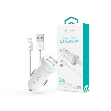 Devia szivargyújtós töltő adapter 2xUSB bemenettel + USB - Lightning kábel - 15W- Devia Smart Series Dual Car Charger Suit - fehér