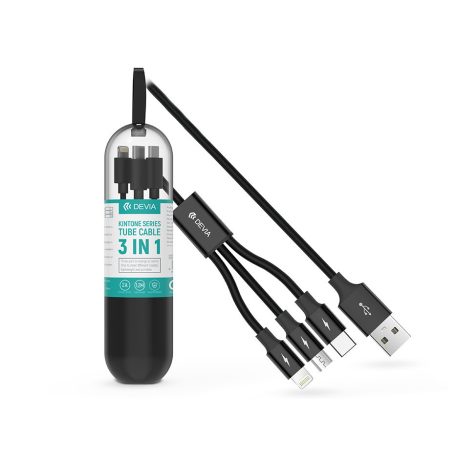 Devia USB-A - USB Type-C / Lightning / micro USB töltőkábel 1,2 m-es vezetékkel - Devia Kintone Series Tube Cable 3in1 - 10W - fekete