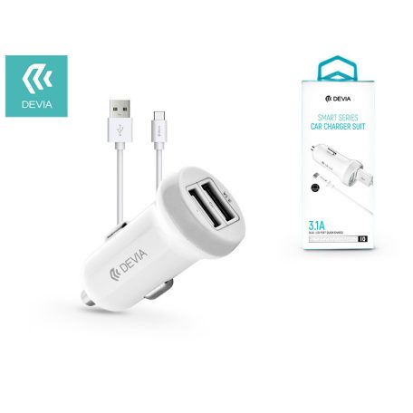 Devia 2xUSB szivargyújtó töltő adapter + USB - Type-C kábel 1 m-es vezetékkel - 15W - Devia Smart Series Car Charger Suit - fehér