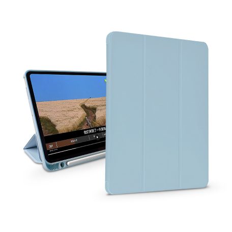 Apple iPad 10.2 (2019/2020/2021) tablet tok (Smart Case) on/off funkcióval,     Apple Pencil tartóval, mágneses töltővel - Devia Leather Case With Pencil Slot -kék