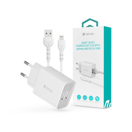 Devia Smart 2xUSB hálózati töltő adapter + USB - Lightning USB kábel 1 m-es     vezetékkel - 12W - Devia Smart Series Charger Suit With Lightning Cable - fehér