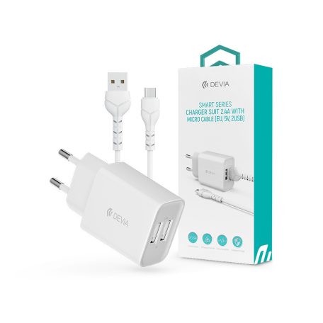 Devia Smart 2xUSB hálózati töltő adapter + USB - micro USB kábel 1 m-es         vezetékkel - 12W - Devia Smart Series Charger Suit With Micro Cable - fehér