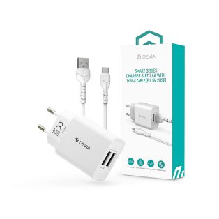   Devia 2xUSB hálózati töltő adapter + USB - Type-C kábel 1 m-es vezetékkel - 12W - Devia Smart Series Charger Suit With Type-C Cable - fehér