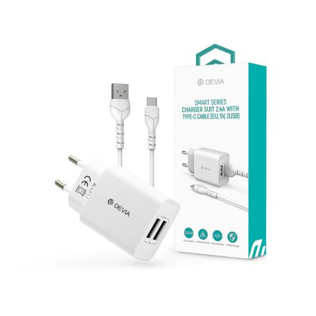 Devia 2xUSB hálózati töltő adapter + USB - Type-C kábel 1 m-es vezetékkel - 12W - Devia Smart Series Charger Suit With Type-C Cable - fehér