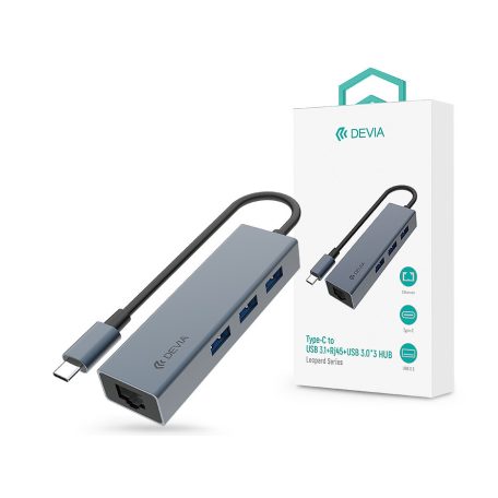 Devia USB Type-C - USB 3.1 + RJ45 + 3xUSB 3.0 elosztó/adapter - Devia Leopard   Series 5 in 1 Hub - szürke