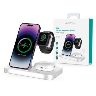   Devia Qi univerzális vezeték nélküli töltő állomás - 15W - Devia Smart Series 3 In 1 Bracket Wireless Charger for Smartphone + iWatch + Airpods - fehér