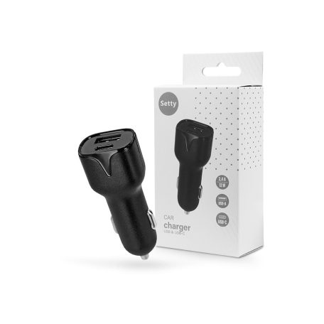 Setty szivargyújtó töltő adapter USB + Type-C bemenettel - 12W - Setty Car USB  Charger with USB +Type-C Ports - fekete