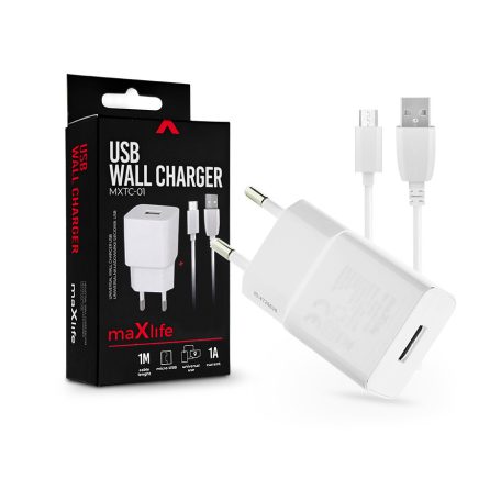 Maxlife USB hálózati töltő adapter + USB - micro USB kábel 1 m-es vezetékkel -  Maxlife MXTC-01 USB Wall Charger - 5V/1A - fehér