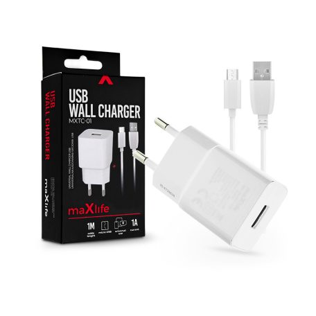 Maxlife USB hálózati töltő adapter + USB - micro USB kábel 1 m-es vezetékkel -  5W - Maxlife MXTC-01 USB Wall Charger - fehér