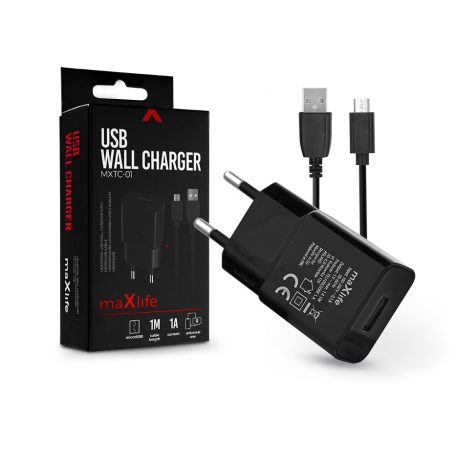 Maxlife USB hálózati töltő adapter + USB - micro USB kábel 1 m-es vezetékkel -  5W - Maxlife MXTC-01 USB Wall Charger - fekete