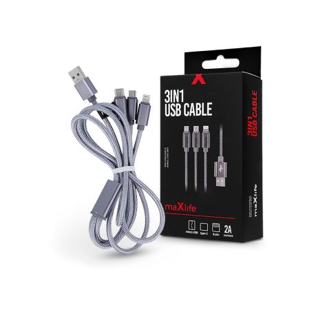 Maxlife USB töltő- és adatkábel 1 m-es vezetékkel - Maxlife 3in1 for            Lightning/microUSB/Type-C USB Cable - 5V/2A - ezüst