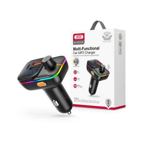 XO Bluetooth FM-transmitter / szivargyújtó töltő - 2xUSB + MP3 + Pendrive       lejátszás + RGB Light + PD25W Fast Charger - XO BCC09 - fekete